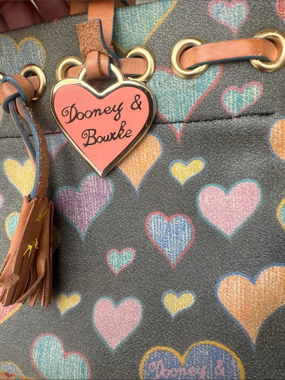 Vintage Dooney & Bourke Multicolor Heart Print Satchel with Tan Leather Handles